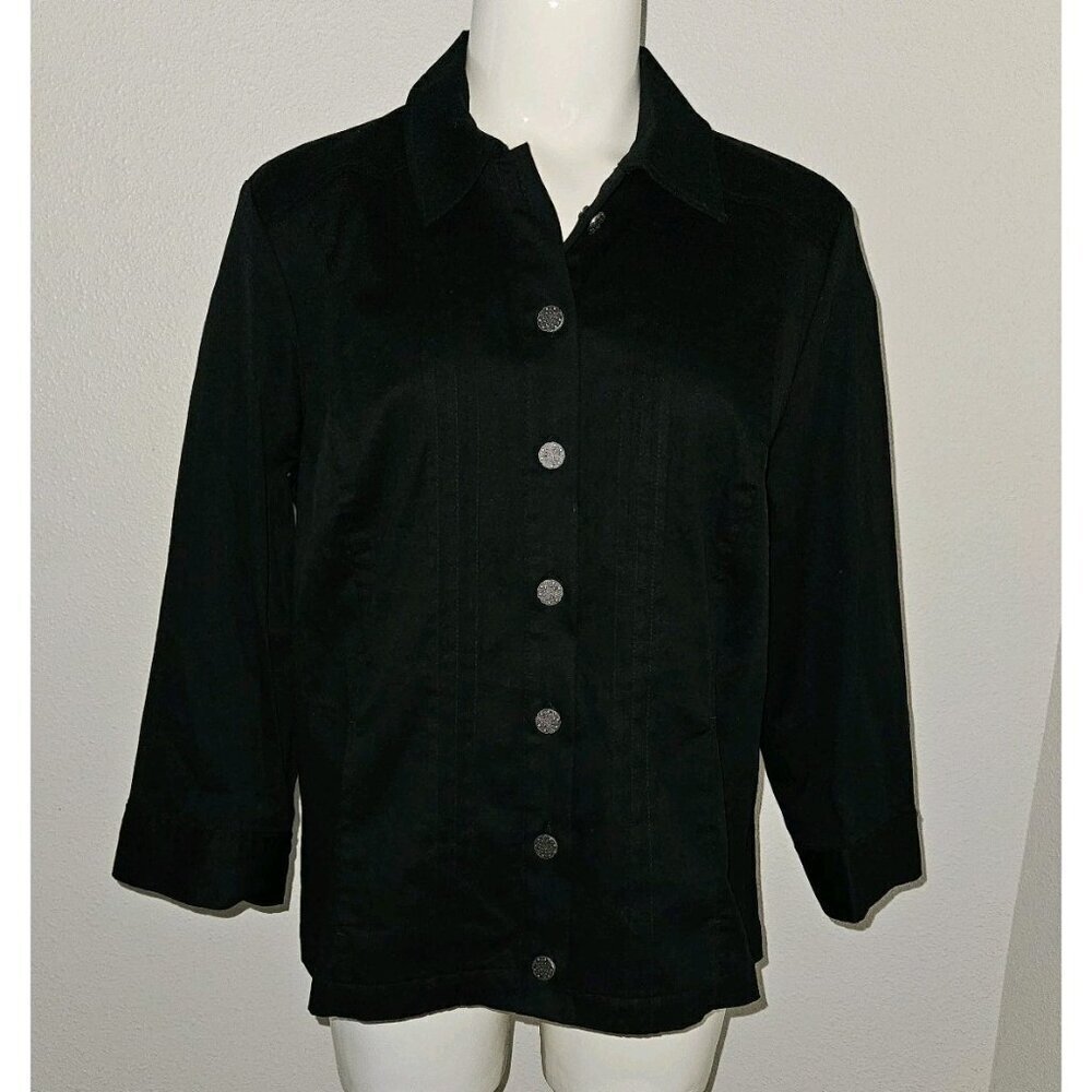 NWT Christopher & Banks Black Blouse Pleated Button Front 3/4 Sleeve Sz Medium